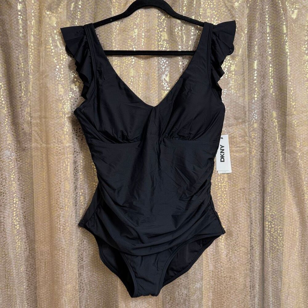 DKNY Black V Neck Ruffle Shoulder Ruched Tummy Control Swimsuit XL NWT - Picture 1 of 10